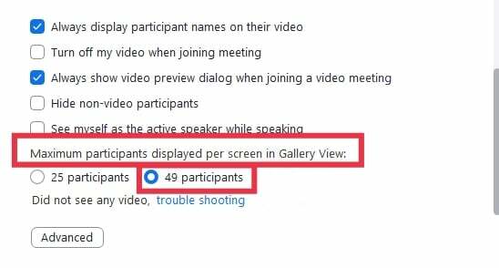 Tukaj boste našli »Največje število udeležencev, prikazanih na zaslon v pogledu galerije«. Pod to možnostjo izberite »49 udeležencev«.