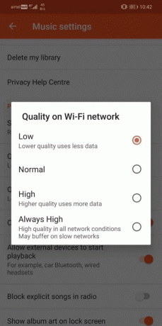 Aseta Wi-Fi-verkon laatu -asetukseksi Matala. Korjaa Google Musicin toistovirhe Androidissa