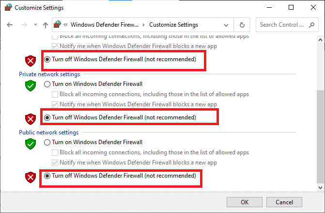 Windows Defender ファイアウォールをオフにします。 接続画面でスタックする不和を修正
