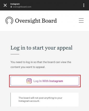 Tryck på Logga in med Instagram för att börja processen | Instagram tog bort mitt inlägg