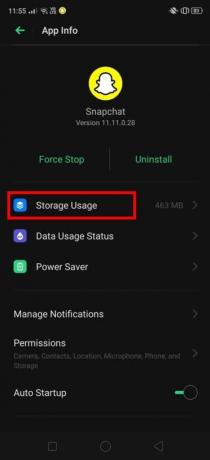 Fare clic sull'opzione Utilizzo spazio di archiviazione presente qui | Risolto il problema con la fotocamera Snapchat che non funziona