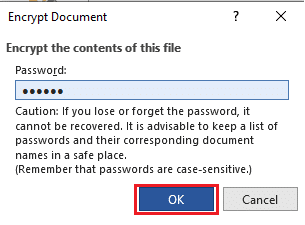 Indtast den ønskede adgangskode i den følgende krypter dokument-popup, og klik på OK.