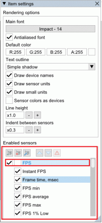I fönstret Artikelinställningar, markera alternativet FPS under Aktiverade sensorer för att aktivera FPS.