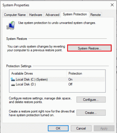 ไปที่หน้าต่าง System Protection และคลิกที่ System Restore