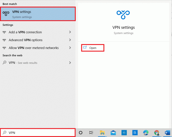 Apăsați tasta Windows și introduceți setări VPN în bara de căutare