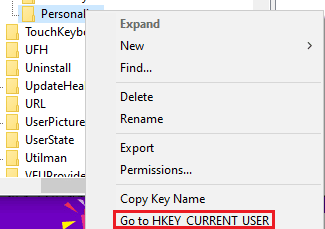 აირჩიეთ გადასვლა HKEY CURRENT USER-ზე. შეასწორეთ File Explorer მუქი თემა, რომელიც არ მუშაობს Windows 10-ზე