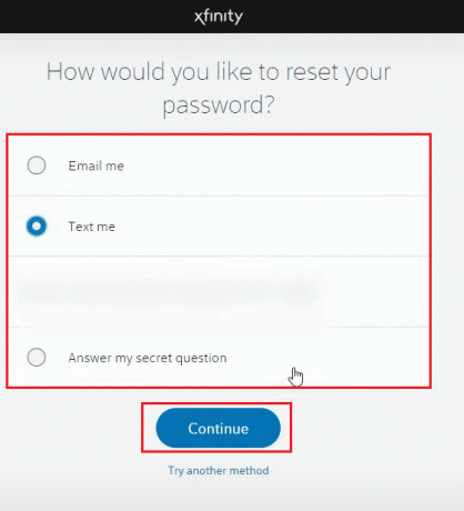 Selecteer de gewenste methode om uw wachtwoord opnieuw in te stellen en klik op Doorgaan