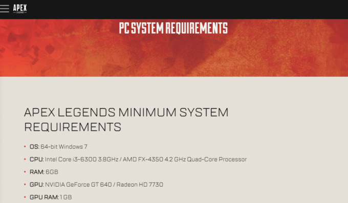 Requisitos del sistema para PC de Apex Legends 