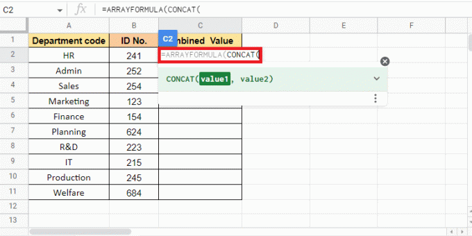 ここで CONCAT と入力して、CONCAT 関数の使用を開始します。 Google スプレッドシートで 2 つの列を結合する方法