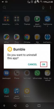 Een pop-upbericht vraagt ​​u om het verwijderen van de app te bevestigen. Klik op Oke. | blokkeer datingsites op je telefoon