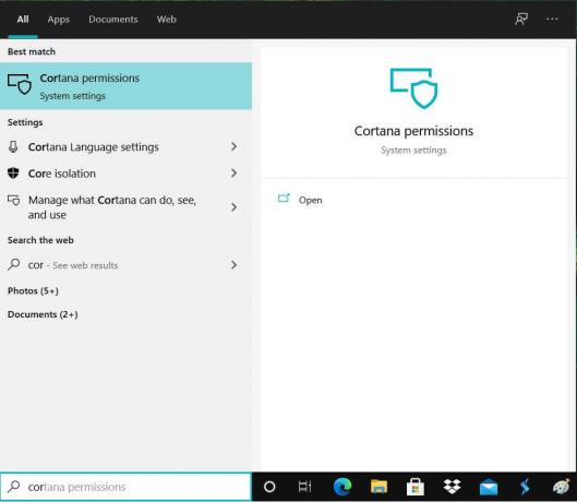 Vo vyhľadávacom poli na paneli úloh vyhľadajte „Cortana Permission“ a otvorte ho