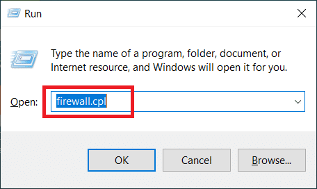 Πληκτρολογήστε firewall.cpl και πατήστε Enter ix Παρουσιάστηκε σφάλμα υποδοχής κατά τη διάρκεια της δοκιμής μεταφόρτωσης στα Windows 10