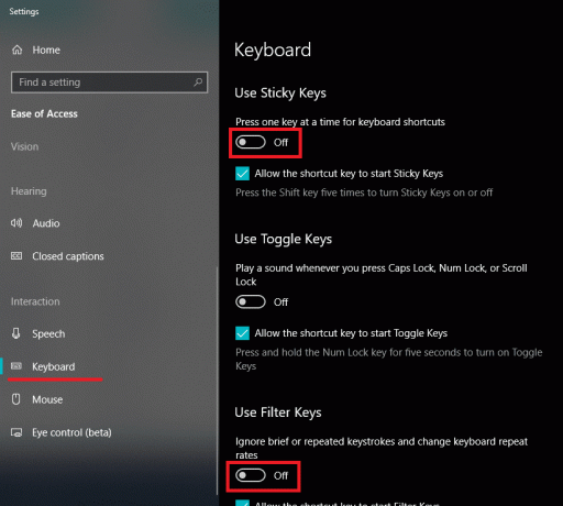 Отключите кнопку переключения для залипающих клавиш и клавиш фильтра | Исправить Backspace, не работающий в Windows 10
