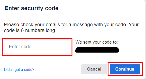 faceți clic pe Continuați pentru a obține un cod în e-mailul legat