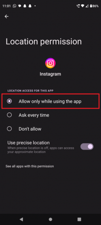 Izvēlieties Atļaut tikai programmas lietošanas laikā | Instagram filtri nedarbojas