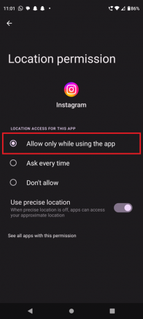 เลือกอนุญาตเฉพาะขณะใช้แอป | ตัวกรอง Instagram ไม่ทำงาน