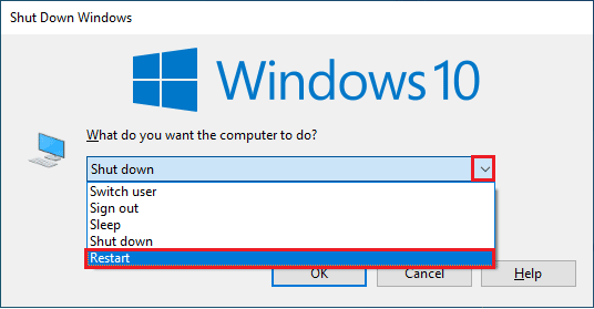 Wählen Sie die Option Neustart aus dem Dropdown-Menü und drücken Sie die Eingabetaste. Beheben Sie den VMware Tools-Upgrade-Fehlercode 21001 in Windows 10