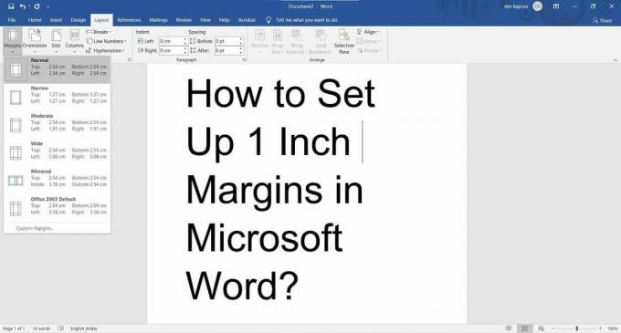 Sådan opsætter du 1 tomme margener i Microsoft Word