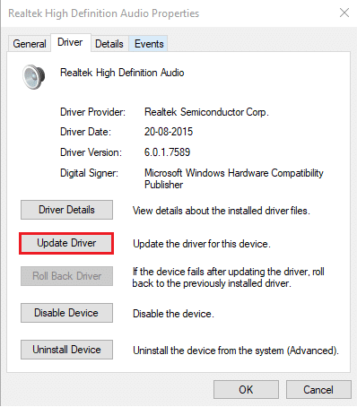 Kliknite na Ažuriraj upravljački program. Popravite zumiranje zvuka koji ne radi u sustavu Windows 10