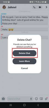 Finalmente, toque la opción Eliminar chat para eliminar el mensaje en particular. | Cómo eliminar mensajes en Snapchat