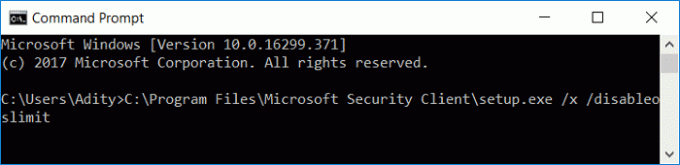 Käivitage käsuviiba abil Microsoft Security Clienti desinstalli aken