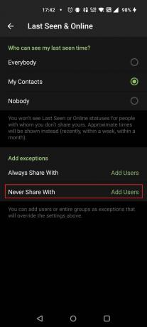 додирните опцију Никад не дели са под Додај изузетке | последњи пут виђен недавно Телеграм значи блокиран