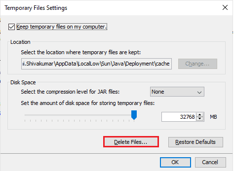 klik op de knop Bestanden verwijderen. Fix Java TM Platform SE Binary reageert niet in Windows 10