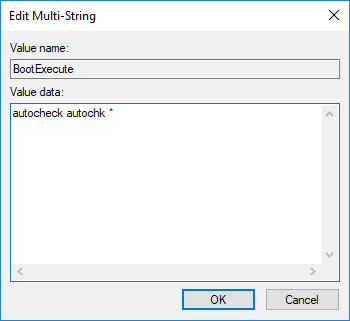 ในฟิลด์ข้อมูลค่าของประเภท BootExecute autocheck autochk | วิธียกเลิก Chkdsk ตามกำหนดเวลาใน Windows 10