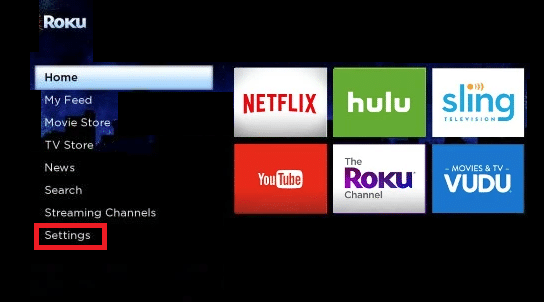 Ahora, inicie Roku en su televisor y haga clic en Configuración. Cómo instalar Kodi en Smart TV