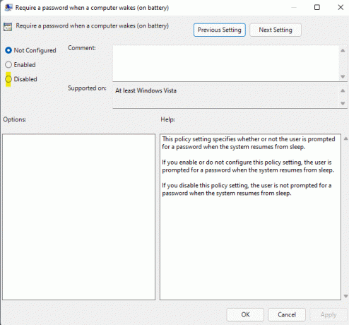 Viene visualizzata un'altra finestra pop-up in cui, selezionare l'opzione Disabilitato per attivare l'impostazione. Come abilitare o disabilitare la password di riattivazione in Windows 11