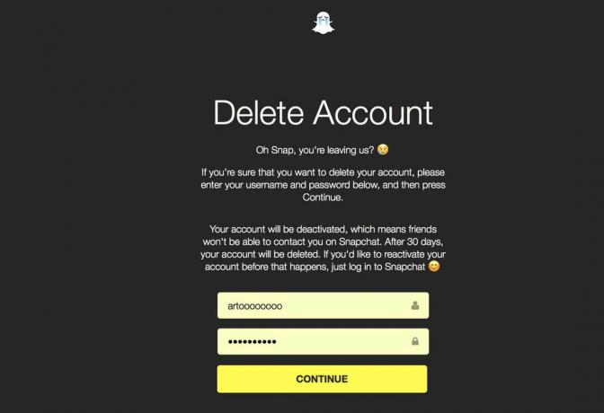 När du har angett dina uppgifter igen, tryck på knappen Fortsätt | Hur man inaktiverar Snapchat-kontot tillfälligt