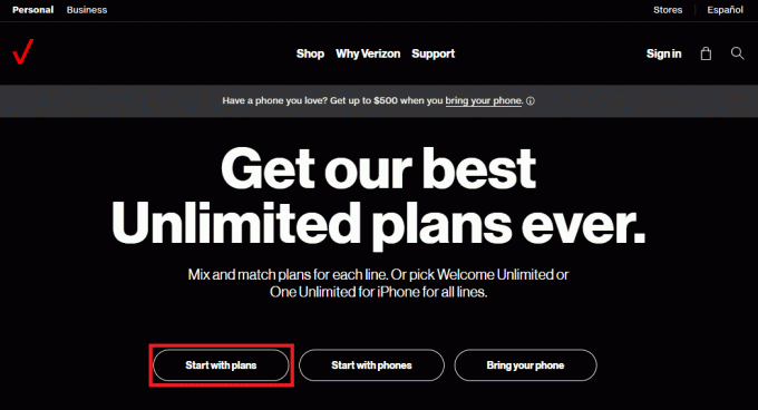 Відкрийте веб-сайт Verizon і натисніть опцію «Почати з планами».