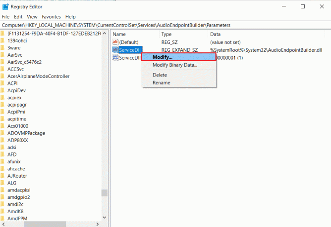 დააწკაპუნეთ მაუსის მარჯვენა ღილაკით Service.dll-ზე და აირჩიეთ Modify ოფცია რეესტრის რედაქტორში