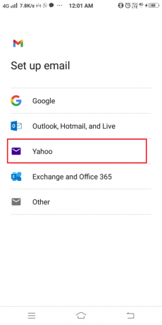 Εδώ, κάντε κλικ στο Yahoo | Βήματα για την προσθήκη Yahoo Mail στο Android