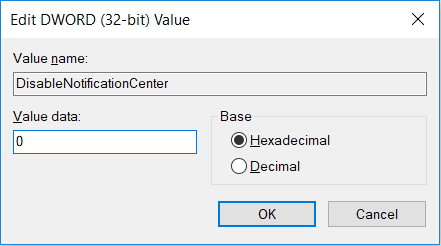 Escriba DisableNotificationCenter como el nombre de este DWORD recién creado