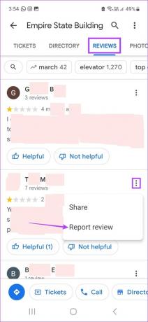 Tryck på ikonen med tre punkter och tryck på Rapportera recension