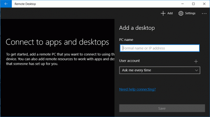 Са врха кликните на дугме Додај, а затим изаберите Десктоп. Затим унесите име рачунара, а затим кликните на Повежи