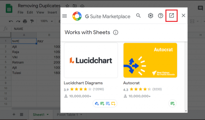 เลือกไอคอนเปิดใช้ (เน้นในภาพหน้าจอ) เพื่อเปิด G-Suite Marketplace