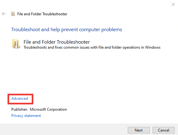 clique na opção avançada. Corrigir o erro 0x80070718 no Windows 10