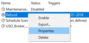 Høyreklikk på Reboot og velg Egenskaper