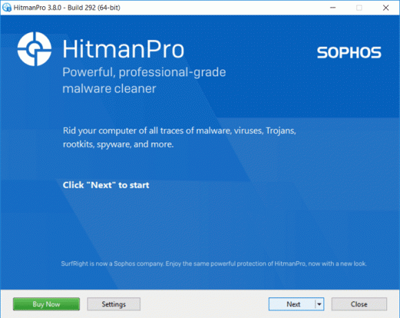 HitmanPro se otevře, kliknutím na Další prohledejte škodlivý software