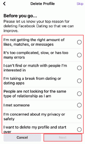 अपने खाते को हटाने के लिए वांछित कारण का चयन करें और Next | पर टैप करें अपने फोन पर डेटिंग साइटों को ब्लॉक करें