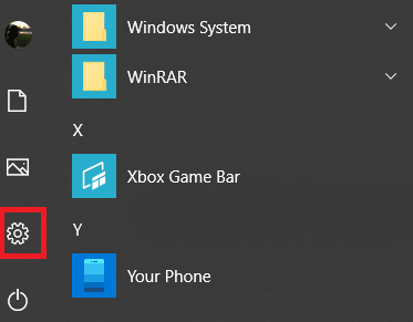 Kattintson a fogaskerekű ikonra a Windows Beállítások | elindításához Tiltsa le a YourPhone.exe folyamatot a Windows 10 rendszeren