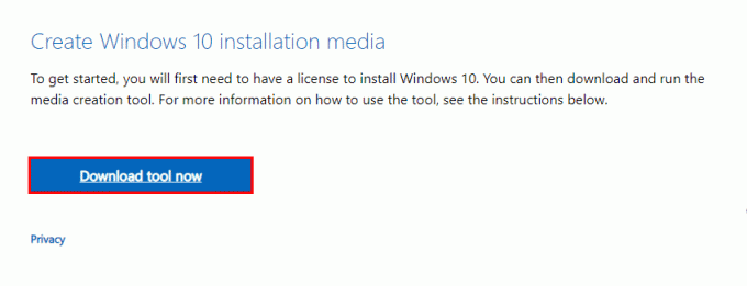 Сега щракнете върху бутона Изтеглете инструмента сега под Създаване на инсталационен носител на Windows 10