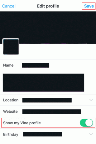 увімкніть перемикач параметра «Показати мій профіль Vine» і натисніть «Зберегти».