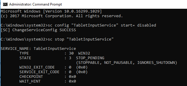 Írja be a parancsot a service sc config újraengedélyezéséhez „TabletInputService” start auto sc start „TabletInputService