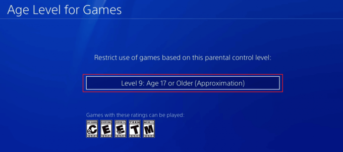 PS4의 게임에 대해 설정하려는 원하는 연령 수준을 선택하십시오.
