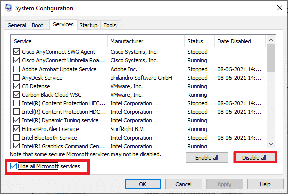 Aktivieren Sie das Kontrollkästchen neben Alle Microsoft-Dienste ausblenden und klicken Sie auf die Schaltfläche Alle deaktivieren. Beheben Sie ERR_EMPTY_RESPONSE unter Windows 10Beheben Sie den Fehler 1500. Eine weitere Installation wird ausgeführt