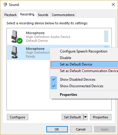 kliknite pravým tlačidlom myši na mikrofón a kliknite na možnosť nastaviť ako predvolené zariadenie