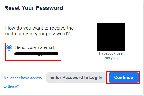 faceți clic pe Continuați pentru a obține un cod în e-mailul legat
